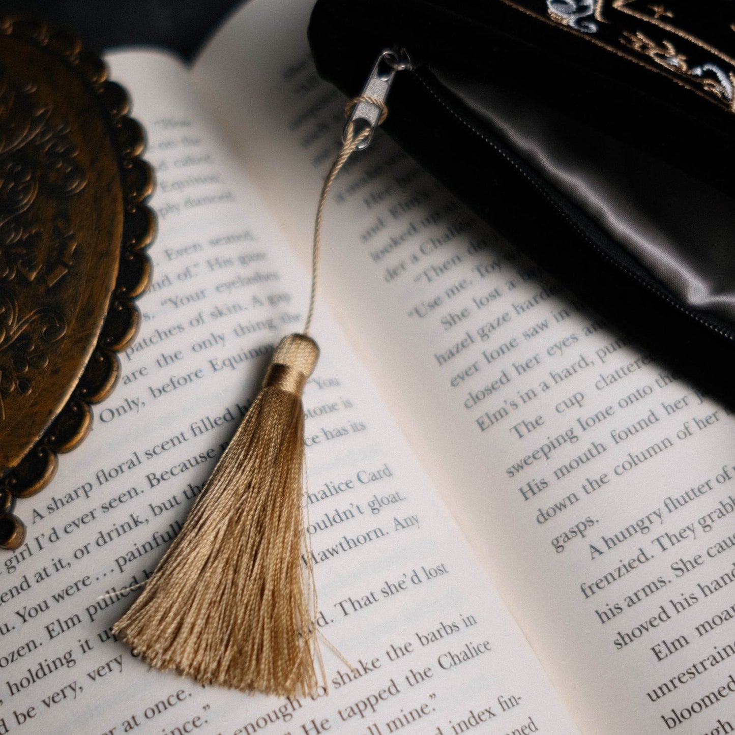 Book sleeve with gold tassel on an open book