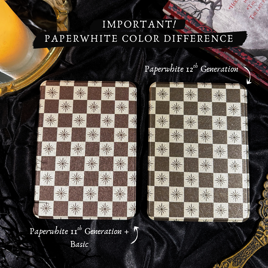 Two patterned cases on a dark fabric background with text about Paperwhite color differences.