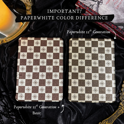 Two patterned cases on a dark fabric background with text about Paperwhite color differences.